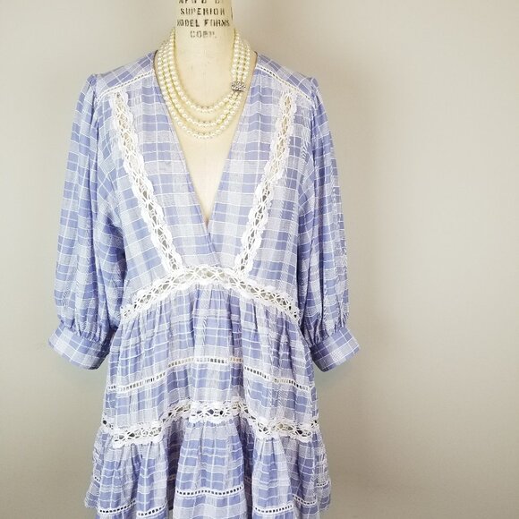 Adorable Free People Light Blue & White Plaid w/Lace Time Out Tunic * Size Med - Picture 1 of 11